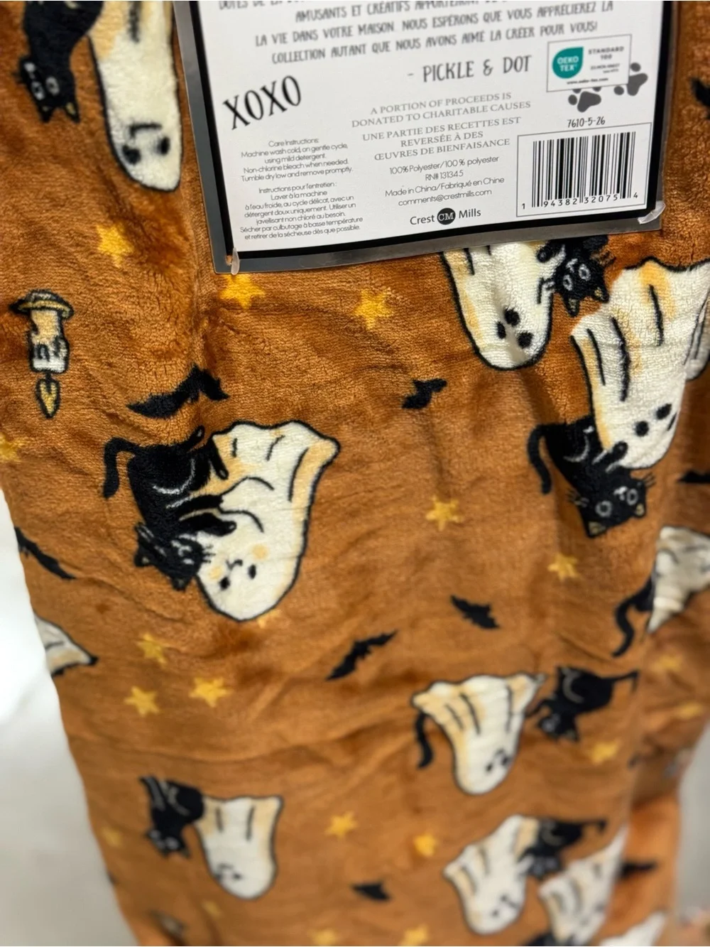 Plush Halloween Ghost & Black Cat Throw Blanket - Orange